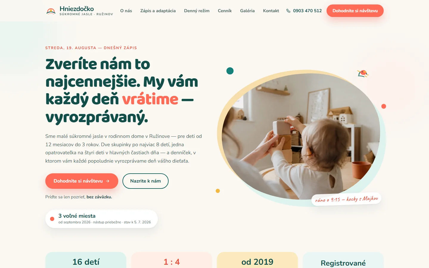 Jasličky Hniezdočko — ukážka webstránky pre jasle a súkromnú škôlku